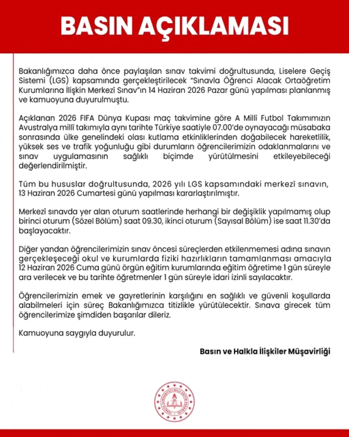 LGS 2026 Tarihi Resmileşti! 13 Haziran'da Yapılacak Merkezi Sınav LGS 2026 Tarihi Resmileşti! 13 Haziran'da Yapılacak Merkezi Sınav