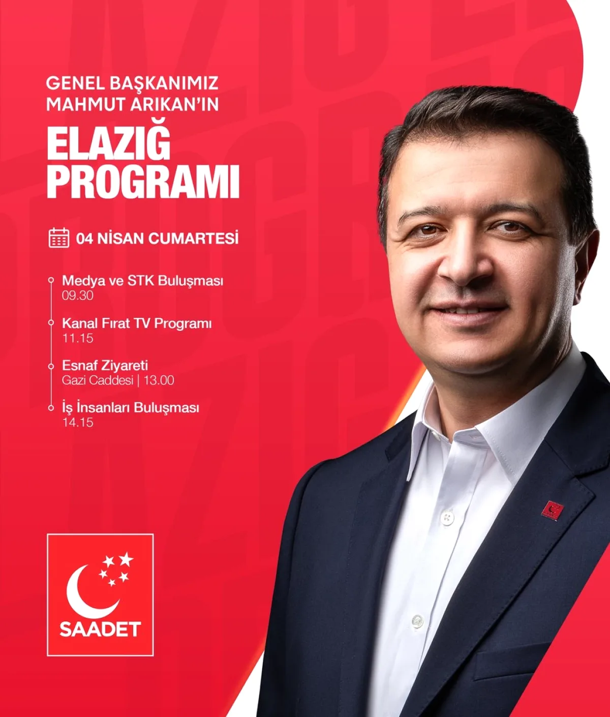 Mahmut Arıkan Elazığ'da Yoğun Bir Gün Geçirecek: 4 Nisan Programı Açıklandı Mahmut Arıkan Elazığ'da Yoğun Bir Gün Geçirecek: 4 Nisan Programı Açıklandı