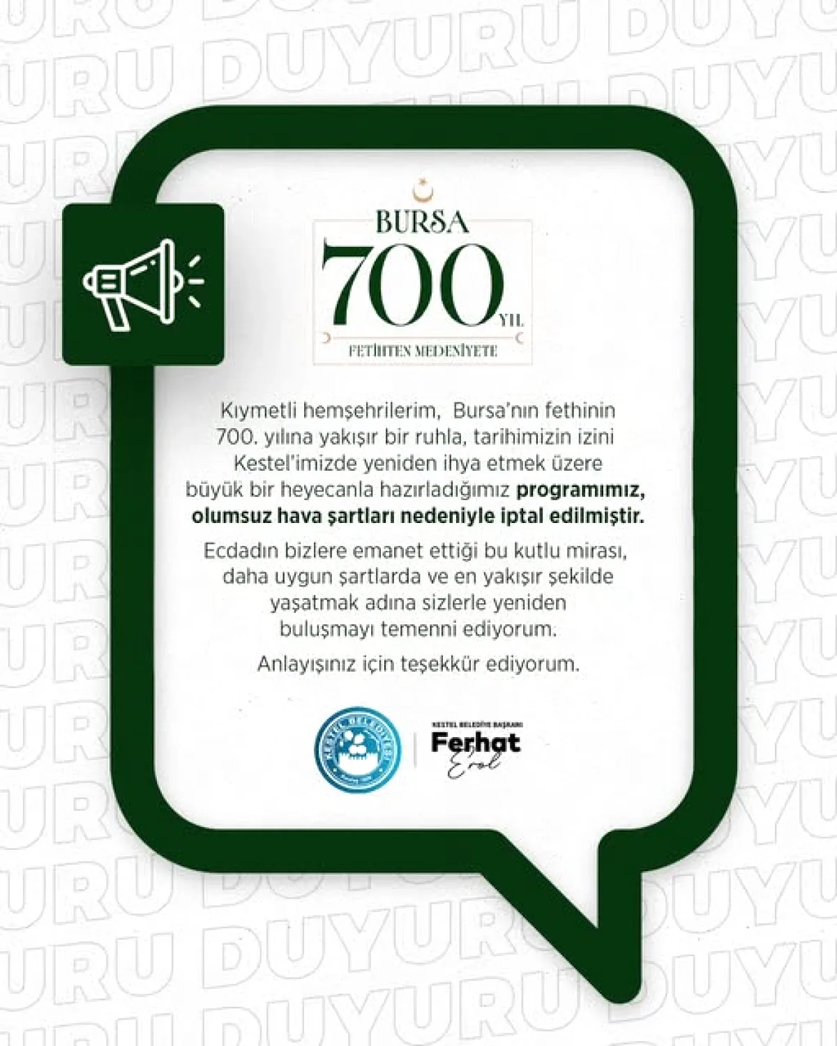 Kestel'de Bursa'nın Fethi 700. Yıl Kutlaması Hava Nedeniyle İptal Edildi Kestel'de Bursa'nın Fethi 700. Yıl Kutlaması Hava Nedeniyle İptal Edildi