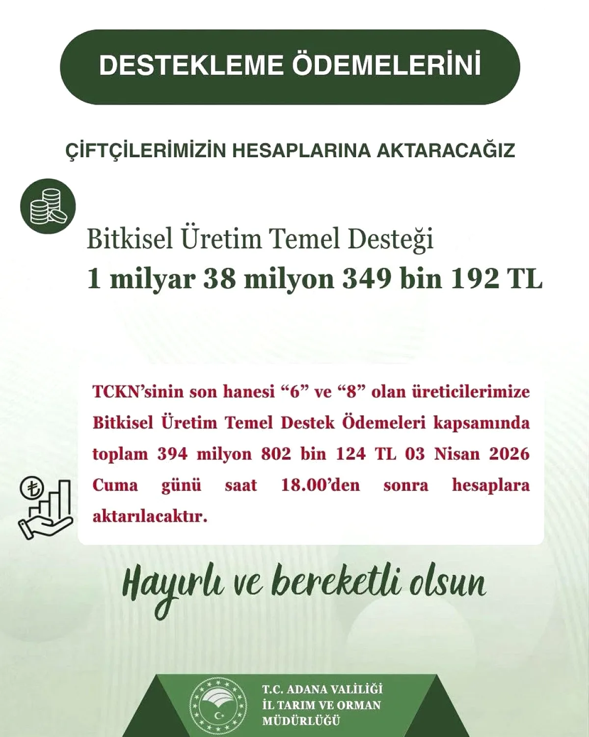 Adana'da Çiftçilere Destek Ödemesi Bugün Saat 18:00'de Hesaplara Yatırılacak Adana'da Çiftçilere Destek Ödemesi Bugün Saat 18:00'de Hesaplara Yatırılacak