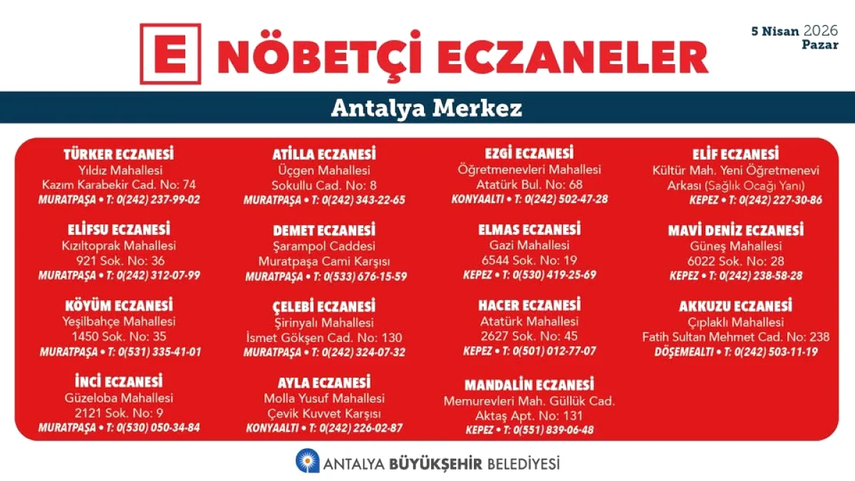 Antalya'da Nöbetçi Eczane Listesi: 5 Nisan Pazar Günü Açıklandı Antalya'da Nöbetçi Eczane Listesi: 5 Nisan Pazar Günü Açıklandı