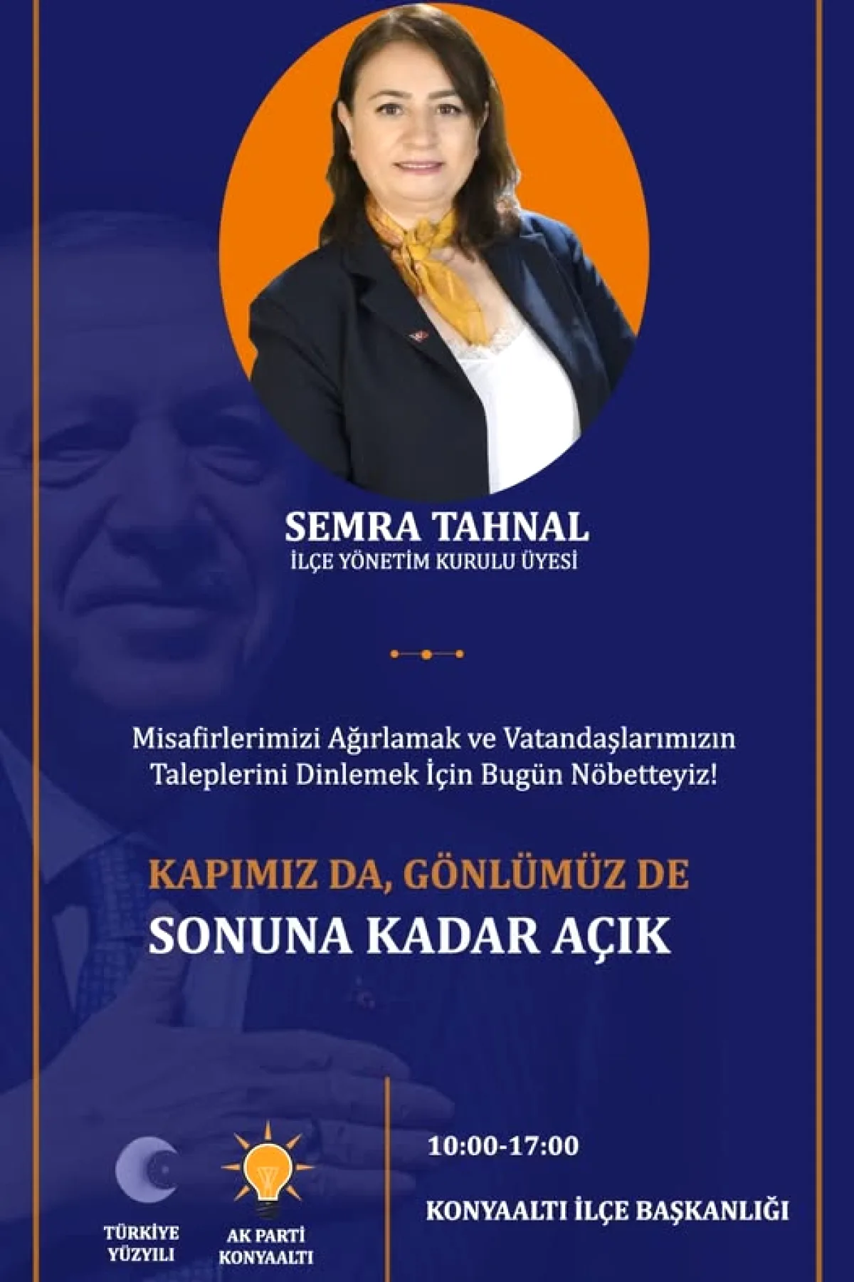 Konyaaltı'da Nöbetçi Üye: Semra Tahnal Bugün 10:00-17:00 Arasında Hizmetinizde Konyaaltı'da Nöbetçi Üye: Semra Tahnal Bugün 10:00-17:00 Arasında Hizmetinizde