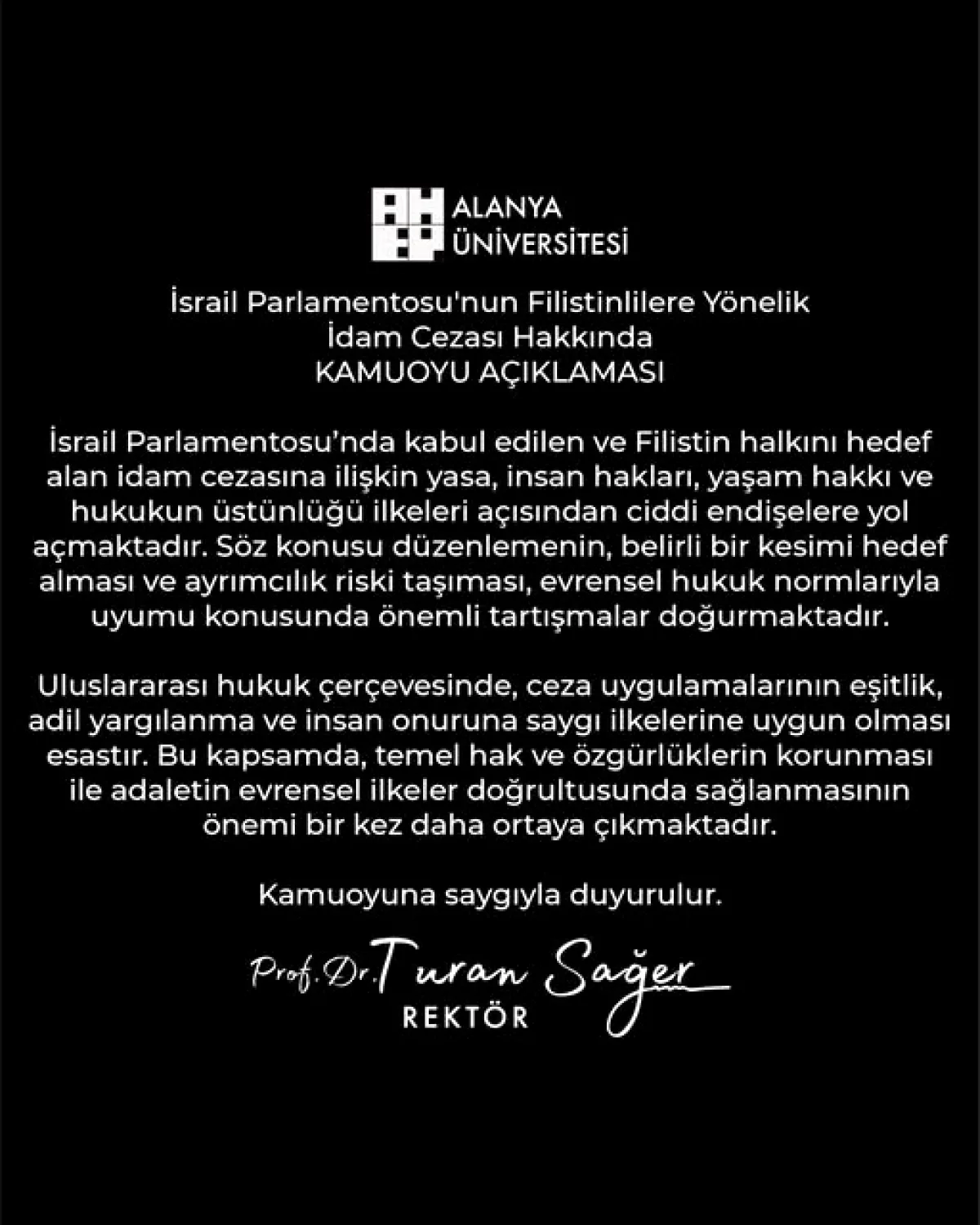 Alanya Üniversitesi'nden İsrail'in İdam Yasasına Sert Tepki Alanya Üniversitesi'nden İsrail'in İdam Yasasına Sert Tepki