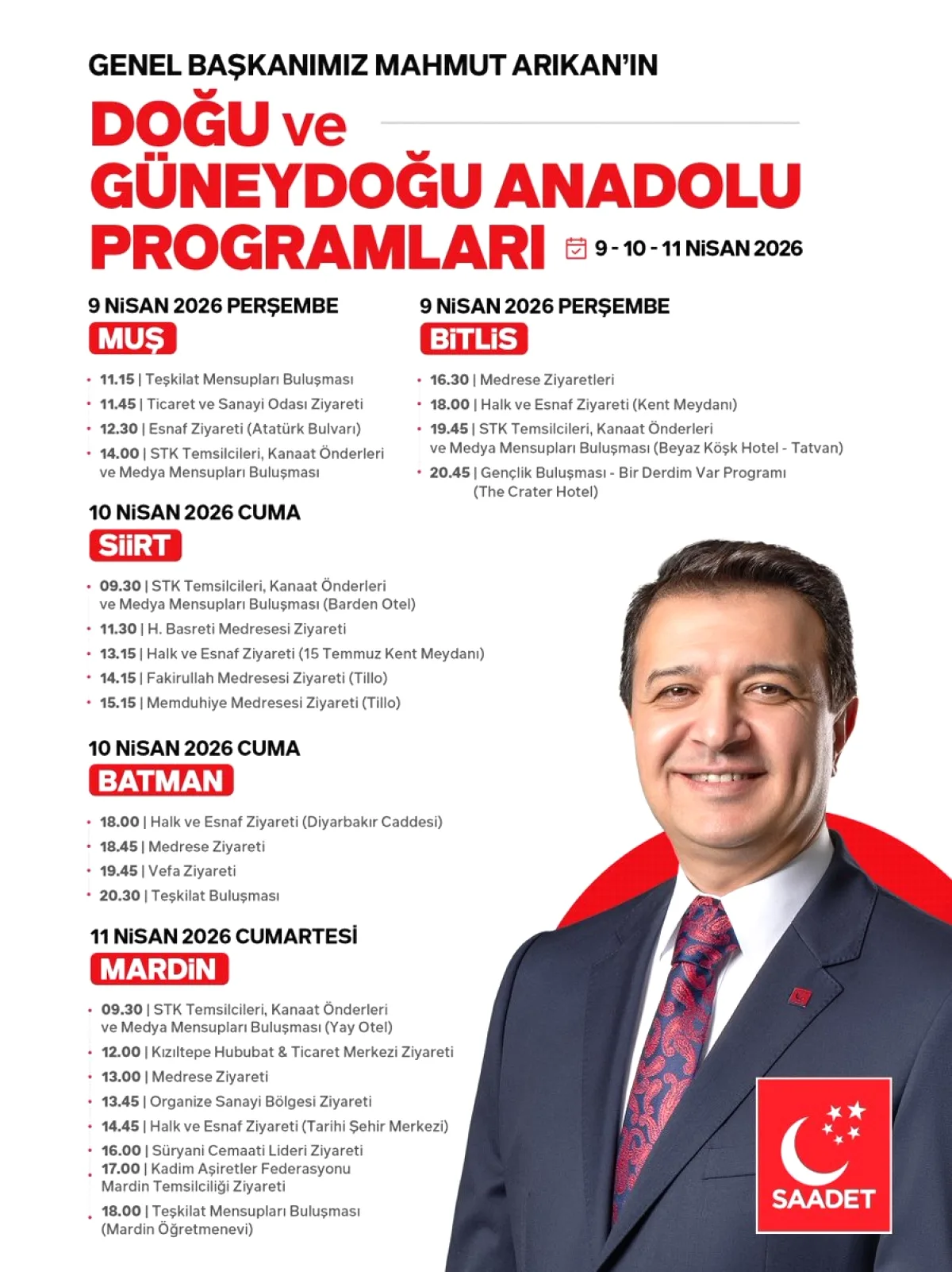 Saadet Partisi Genel Başkanı Arıkan 5 İlde Ziyaret Programlarını Açıkladı Saadet Partisi Genel Başkanı Arıkan 5 İlde Ziyaret Programlarını Açıkladı