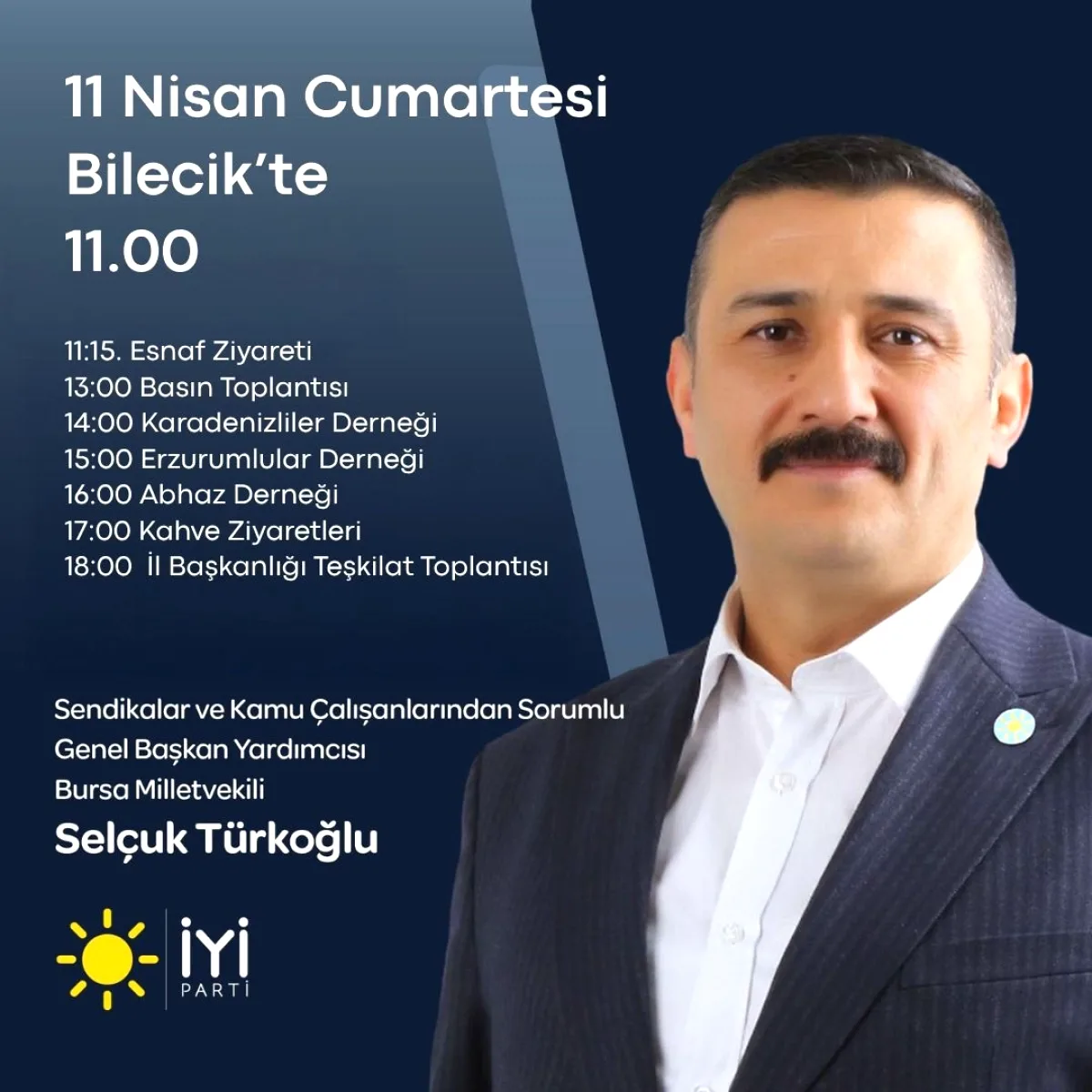 İYİ Parti Bursa Milletvekili Yüksel Selçuk Türkoğlu Cumartesi Bilecik'te Yoğun Programla Vatandaşlarla Buluşacak İYİ Parti Bursa Milletvekili Yüksel Selçuk Türkoğlu Cumartesi Bilecik'te Yoğun Programla Vatandaşlarla Buluşacak