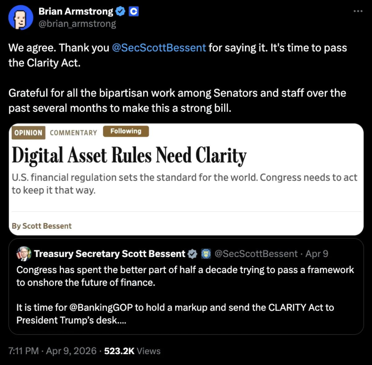 Coinbase CEO'su Armstrong'dan CLARITY Yasası Çağrısı: 'Zamanı Geldi' Coinbase CEO'su Armstrong'dan CLARITY Yasası Çağrısı: 'Zamanı Geldi'