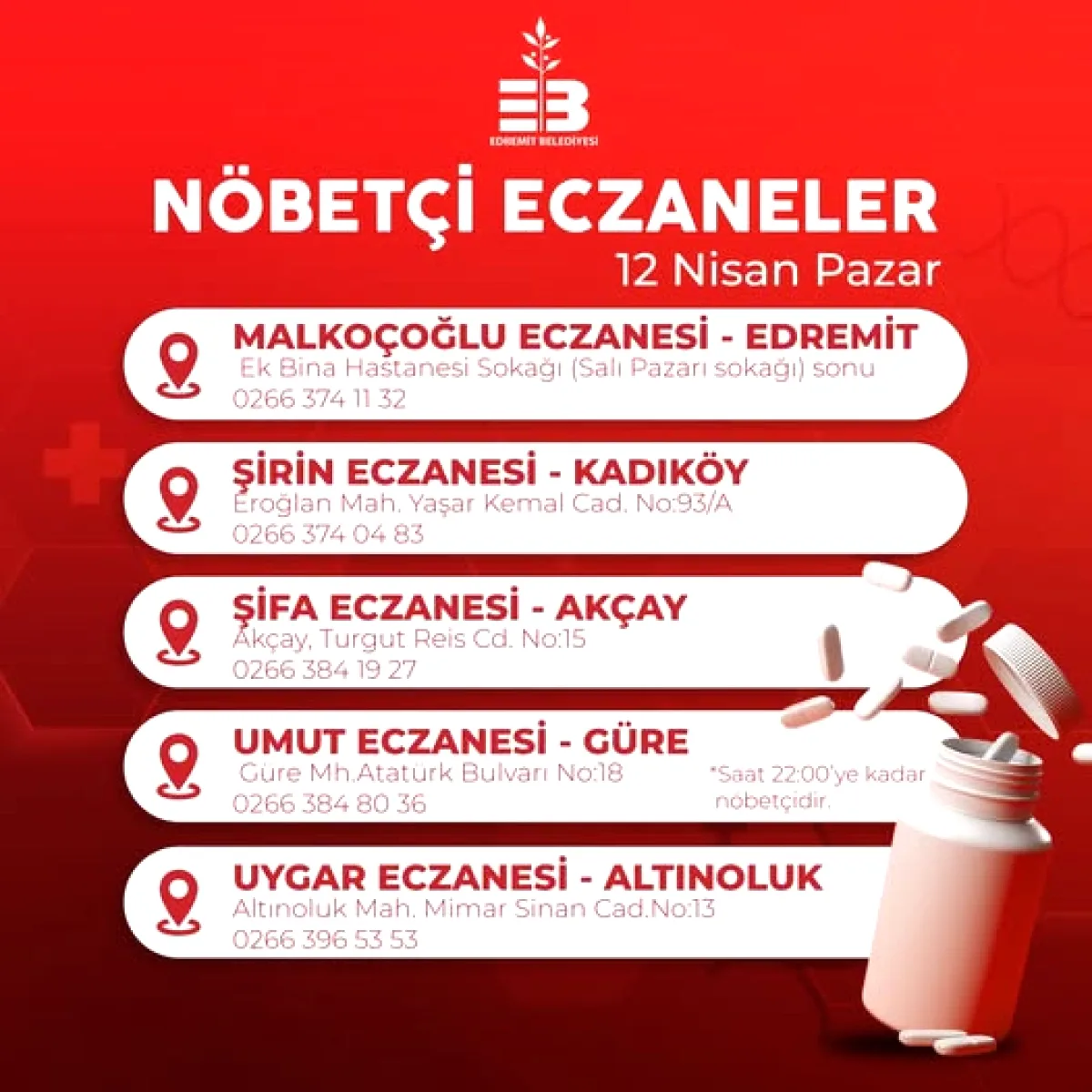 Edremit'te Nöbetçi Eczaneler Açıklandı Edremit'te Nöbetçi Eczaneler Açıklandı