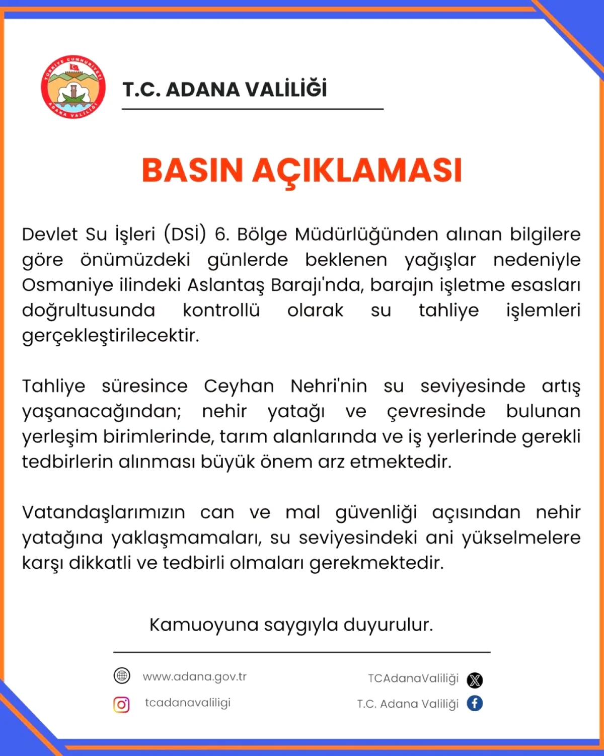 Aslantaş Barajı'nda Kontrollü Su Tahliyesi: Adana Valiliği'nden Kritik Açıklama Aslantaş Barajı'nda Kontrollü Su Tahliyesi: Adana Valiliği'nden Kritik Açıklama
