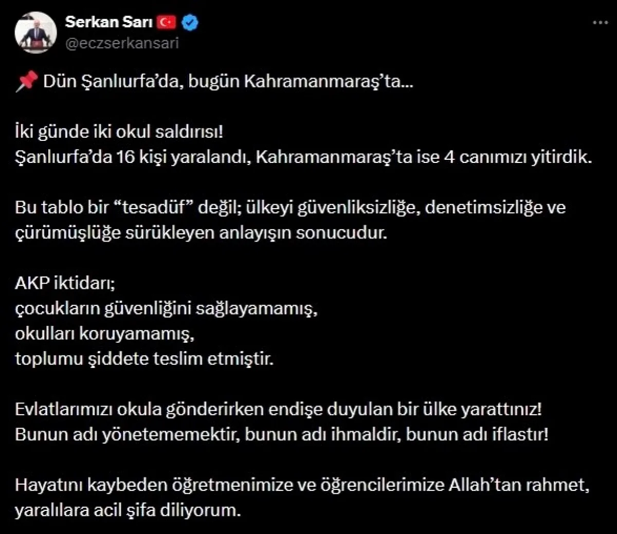 Sarı'dan İki Günde İki Okul Saldırısına Tepki: 'Bunun Adı İflastır' Sarı'dan İki Günde İki Okul Saldırısına Tepki: 'Bunun Adı İflastır'