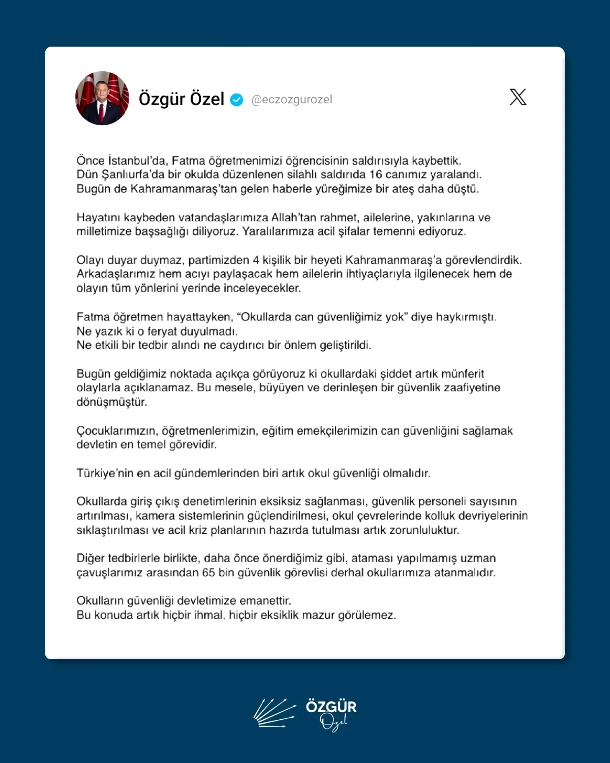 Özgür Özel'den Okul Güvenliği İçin Acil Çağrı: 65 Bin Uzman Çavuş Atansın Özgür Özel'den Okul Güvenliği İçin Acil Çağrı: 65 Bin Uzman Çavuş Atansın