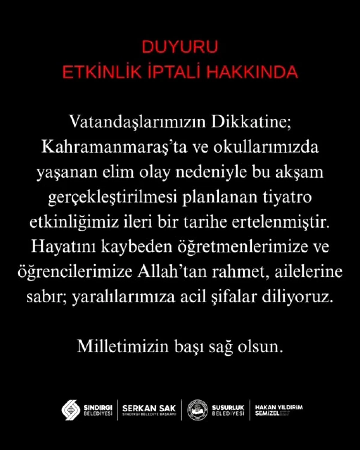 Sındırgı Belediyesi Tiyatro Etkinliğini Erteledi Sındırgı Belediyesi Tiyatro Etkinliğini Erteledi