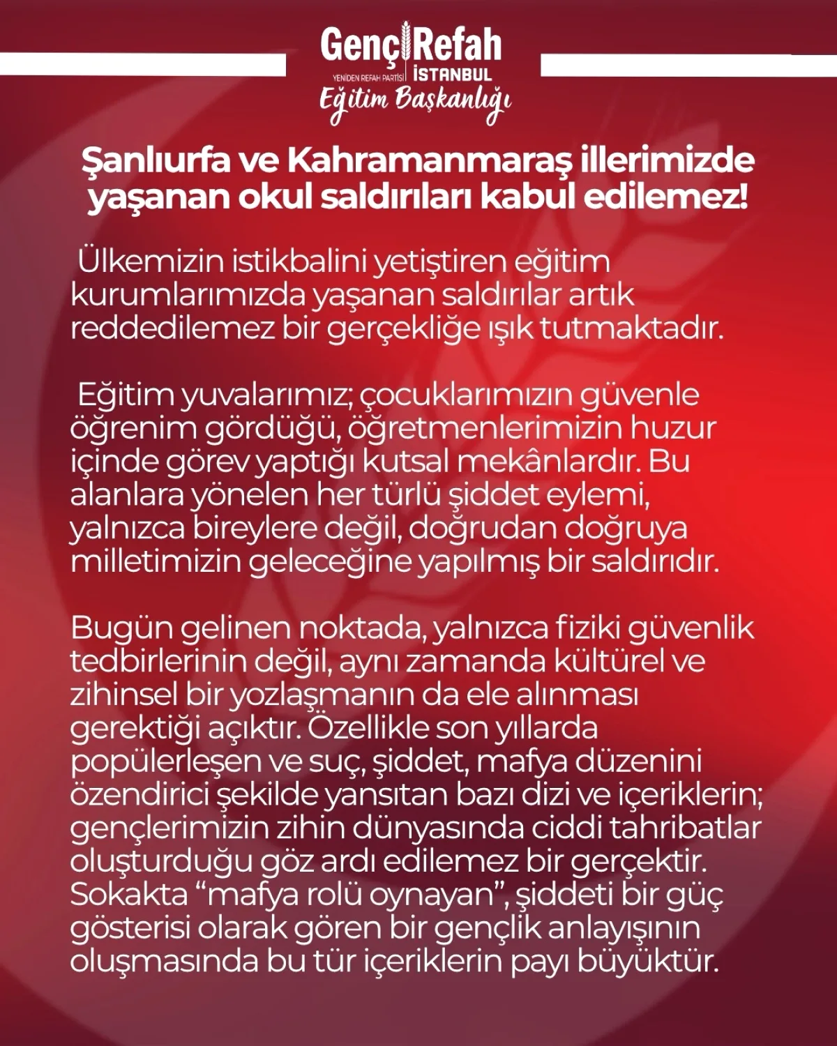 Yeniden Refah Partisi İstanbul Gençlik Kolları'ndan Okul Saldırılarına Tepki Yeniden Refah Partisi İstanbul Gençlik Kolları'ndan Okul Saldırılarına Tepki