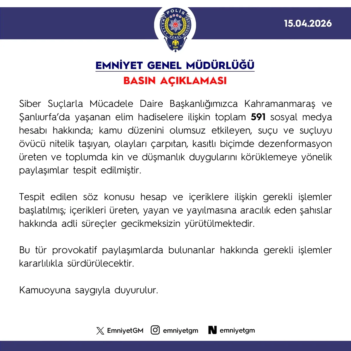 Emniyet 591 Sosyal Medya Hesabına İşlem Başlattı Emniyet 591 Sosyal Medya Hesabına İşlem Başlattı