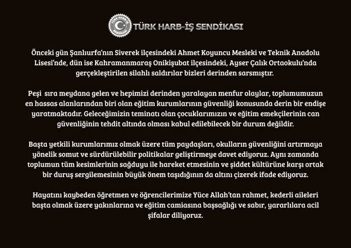 Şanlıurfa ve Kahramanmaraş'ta Peş Peşe Okul Saldırıları: Sendikadan Sert Tepki Şanlıurfa ve Kahramanmaraş'ta Peş Peşe Okul Saldırıları: Sendikadan Sert Tepki