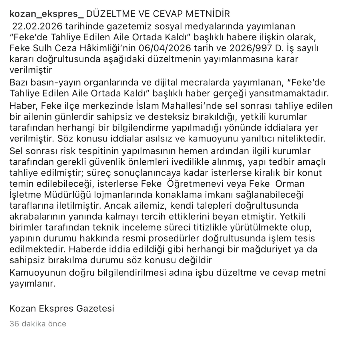 Feke'deki Yanlış Haber Mahkeme Kararıyla Düzeltildi Feke'deki Yanlış Haber Mahkeme Kararıyla Düzeltildi