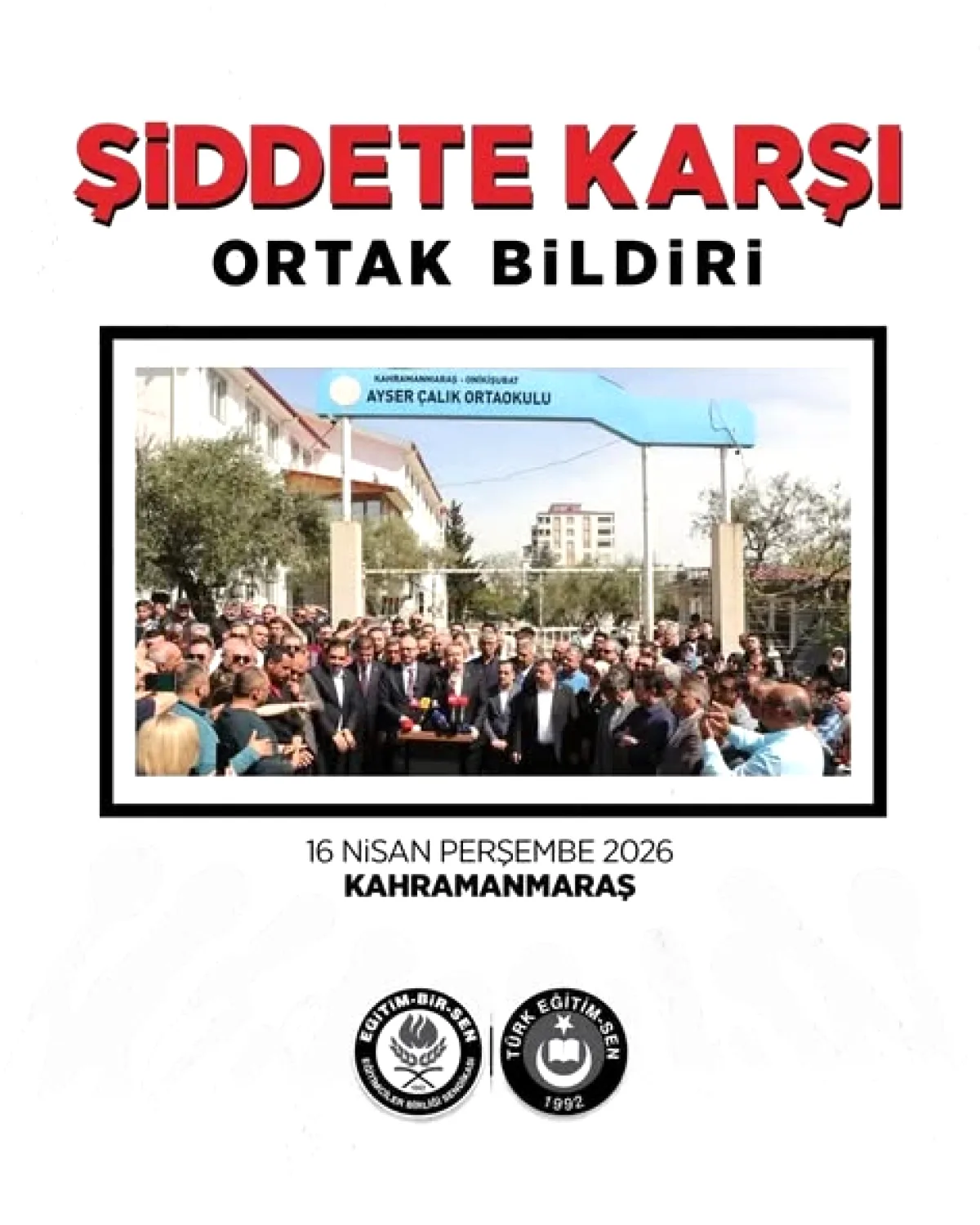 Eğitim Sendikaları Kahramanmaraş'ta Şiddete Karşı Ortak Bildiri Yayınladı Eğitim Sendikaları Kahramanmaraş'ta Şiddete Karşı Ortak Bildiri Yayınladı