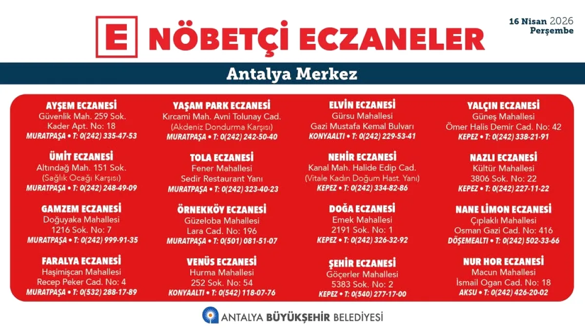 Antalya'da Nöbetçi Eczaneler: 16 Nisan 2026 Perşembe Günü Hizmet Verenler Antalya'da Nöbetçi Eczaneler: 16 Nisan 2026 Perşembe Günü Hizmet Verenler