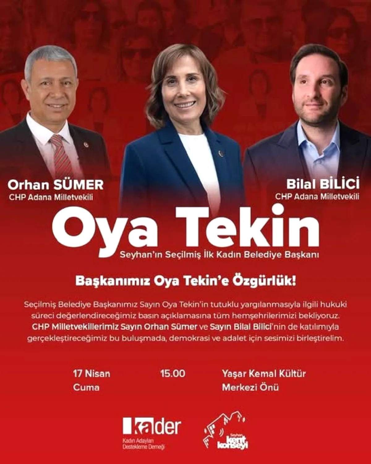 Adana'da Oya Tekin İçin Demokrasi Eylemi: Basın Açıklaması Düzenlenecek Adana'da Oya Tekin İçin Demokrasi Eylemi: Basın Açıklaması Düzenlenecek