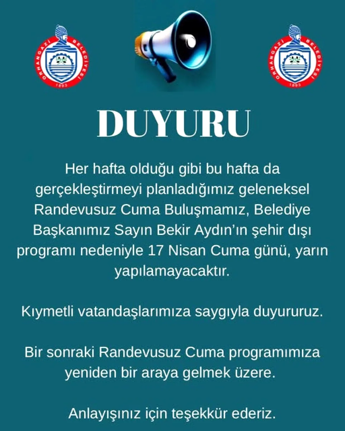Orhangazi'de Randevusuz Cuma Buluşması Bu Hafta İptal Edildi Orhangazi'de Randevusuz Cuma Buluşması Bu Hafta İptal Edildi
