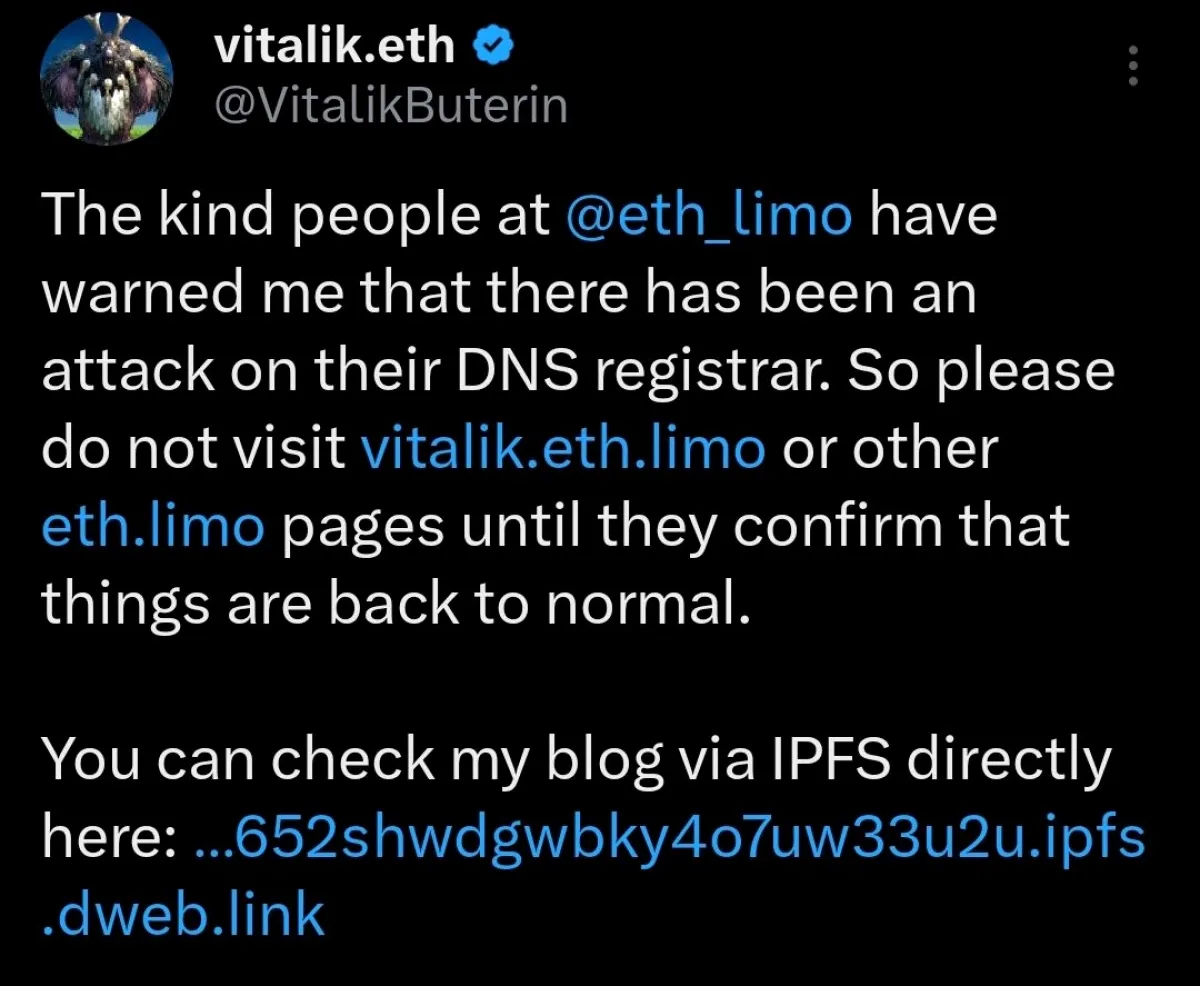 Vitalik Buterin ETH Limo DNS Saldırısı Uyarısı Yayınladı: IPFS Kullanımı Önerisi Vitalik Buterin ETH Limo DNS Saldırısı Uyarısı Yayınladı: IPFS Kullanımı Önerisi