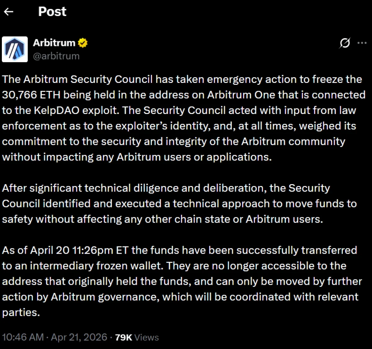 Arbitrum, KelpDAO Saldırısı Sonrası 30.766 ETH'yi Dondurdu Arbitrum, KelpDAO Saldırısı Sonrası 30.766 ETH'yi Dondurdu