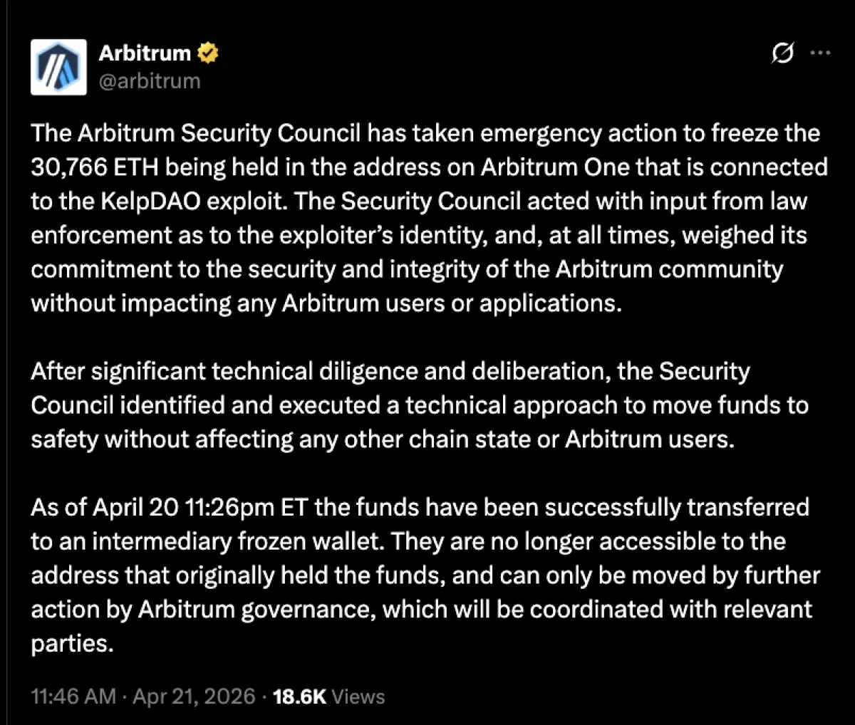 30.766 ETH Kilidi: Arbitrum Güvenlik Konseyi KelpDAO Olayını Önlüyor 30.766 ETH Kilidi: Arbitrum Güvenlik Konseyi KelpDAO Olayını Önlüyor