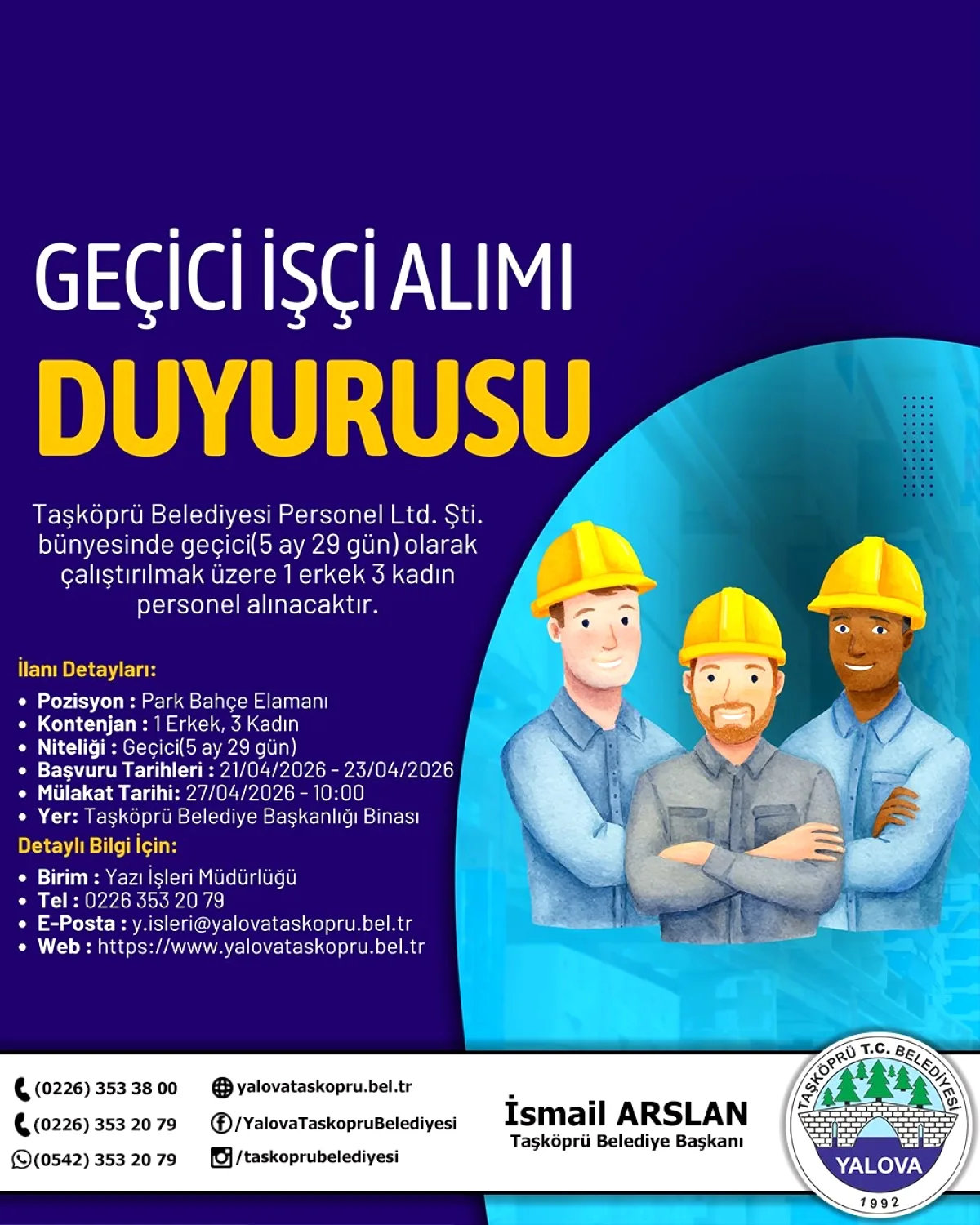 Taşköprü Belediyesi 4 Personel Alımı Yapıyor: Son Başvuru 29 Nisan Taşköprü Belediyesi 4 Personel Alımı Yapıyor: Son Başvuru 29 Nisan