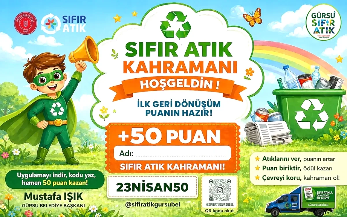 Gürsu'da 23 Nisan'a Özel 50 Puan Fırsatı: Sıfır Atık Kahramanı Ol Gürsu'da 23 Nisan'a Özel 50 Puan Fırsatı: Sıfır Atık Kahramanı Ol