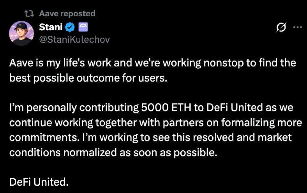 Aave Kurucusu Stani Kulechov, DeFi United'a 5.000 ETH Katkıda Bulundu Aave Kurucusu Stani Kulechov, DeFi United'a 5.000 ETH Katkıda Bulundu