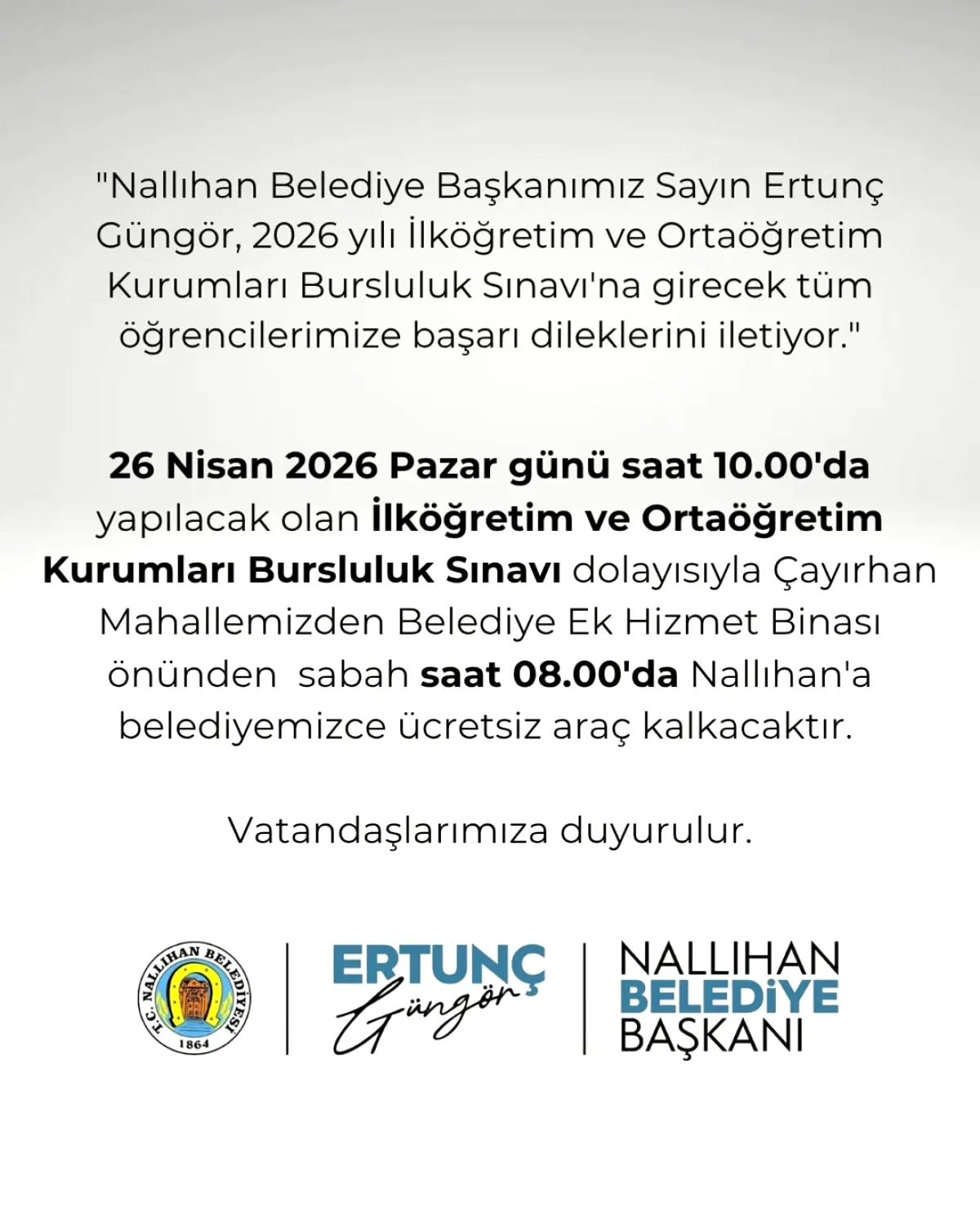 Nallıhan'dan Öğrencilere Sınav Günü Ücretsiz Ulaşım Desteği Nallıhan'dan Öğrencilere Sınav Günü Ücretsiz Ulaşım Desteği