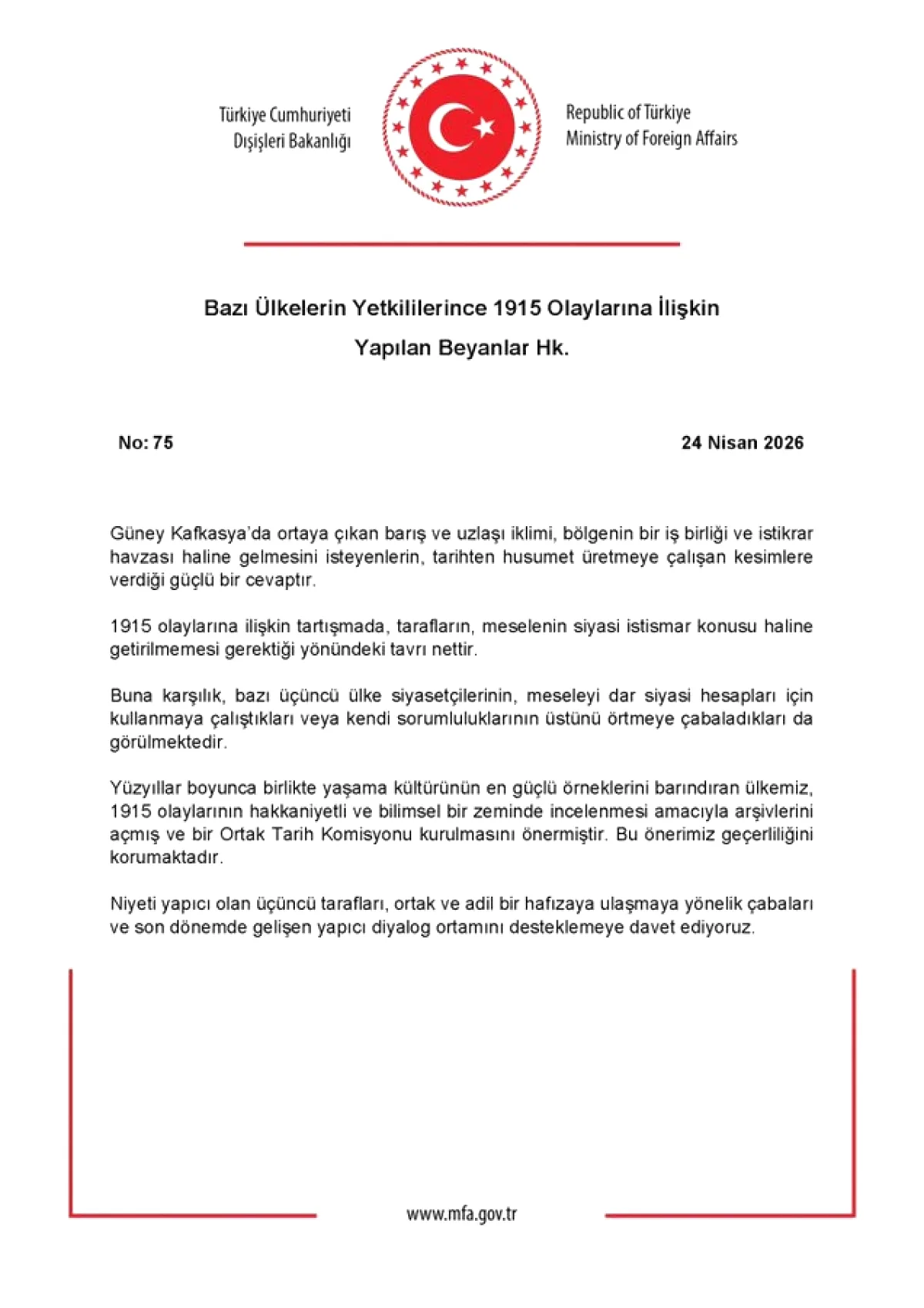 Dışişleri'nden 1915 Olayları Açıklaması: Arşivler Açık, Ortak Tarih Komisyonu Önerisi Geçerli Dışişleri'nden 1915 Olayları Açıklaması: Arşivler Açık, Ortak Tarih Komisyonu Önerisi Geçerli