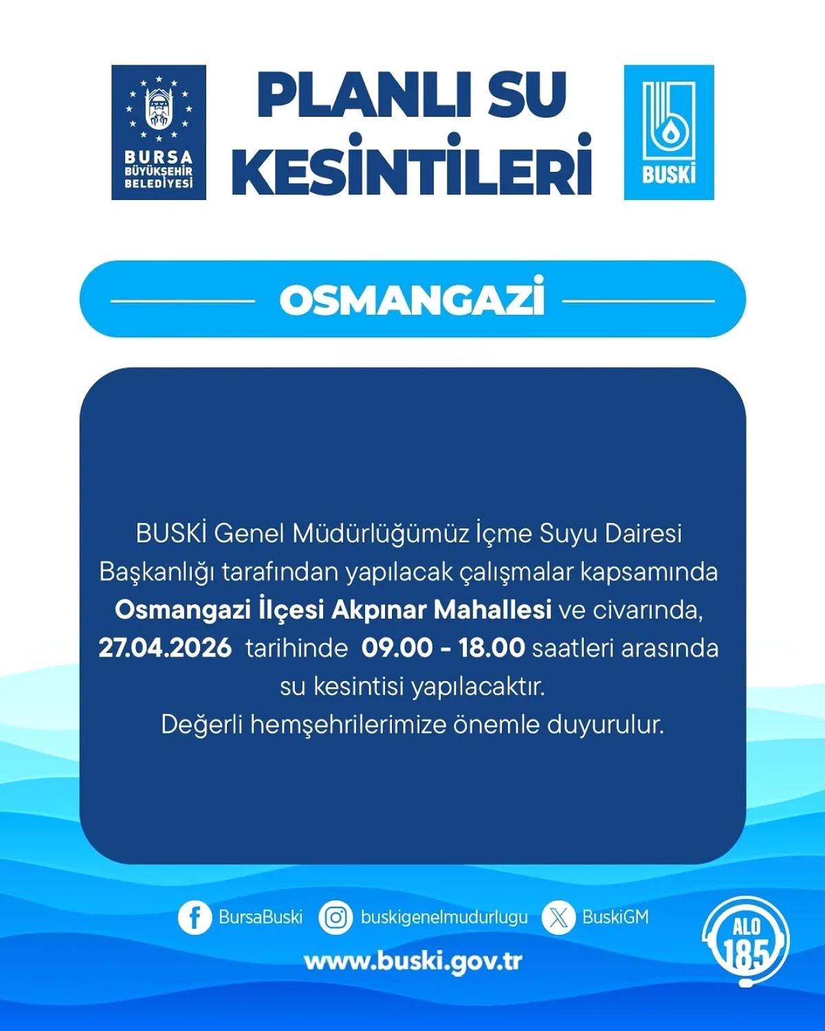 Bursa'da Su Kesintisi: BUSKİ'den Acil Duyuru Bursa'da Su Kesintisi: BUSKİ'den Acil Duyuru