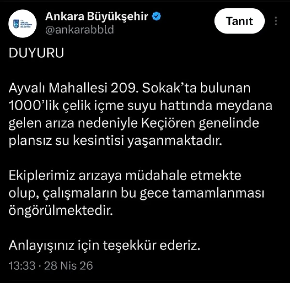 Keçiören'de Su Kesintisi: 1000 mm Çelik Hattında Arıza Keçiören'de Su Kesintisi: 1000 mm Çelik Hattında Arıza