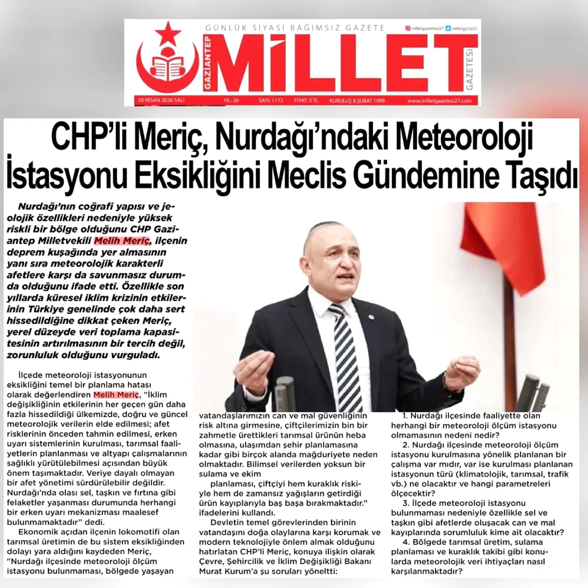 Gaziantep'te Meteoroloji İstasyonu Eksikliği: Nurdağı İçin Kritik Uyarı Gaziantep'te Meteoroloji İstasyonu Eksikliği: Nurdağı İçin Kritik Uyarı