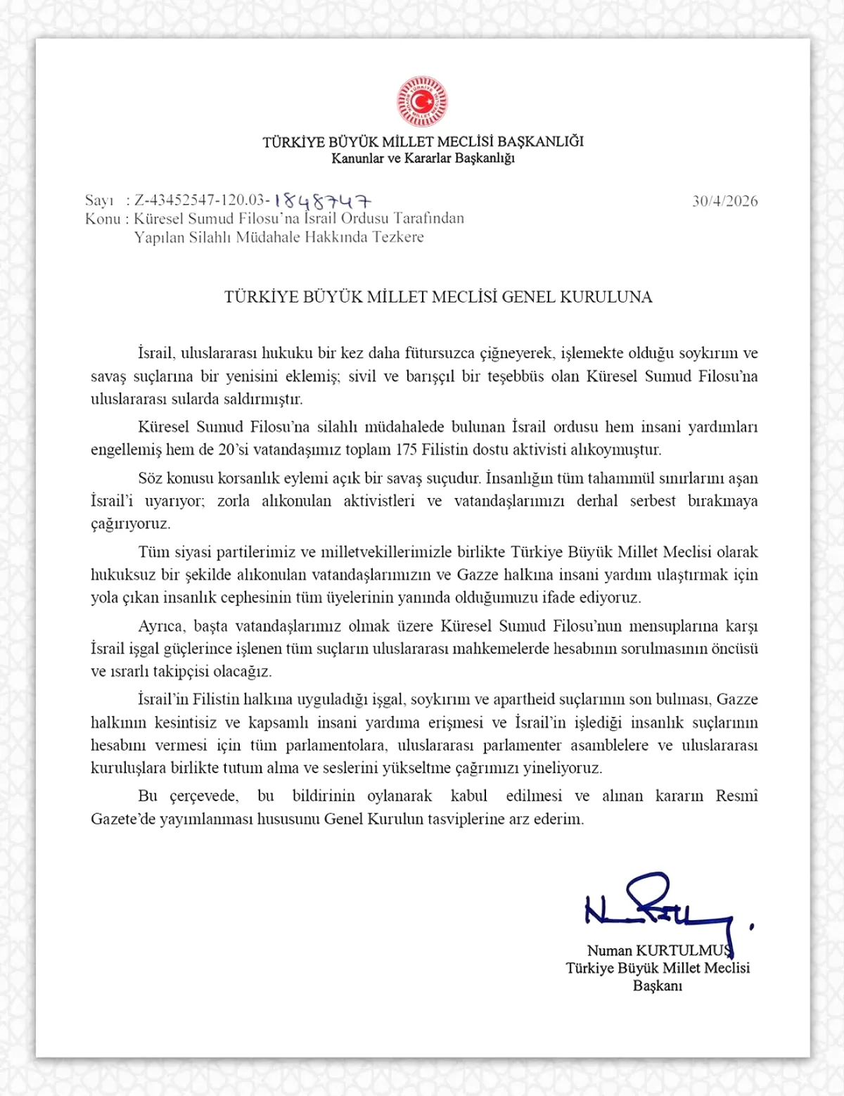 TBMM'den İsrail'e Sert Tepki: Sumud Filosu Tezkeresi Oy Birliğiyle Kabul Edildi TBMM'den İsrail'e Sert Tepki: Sumud Filosu Tezkeresi Oy Birliğiyle Kabul Edildi