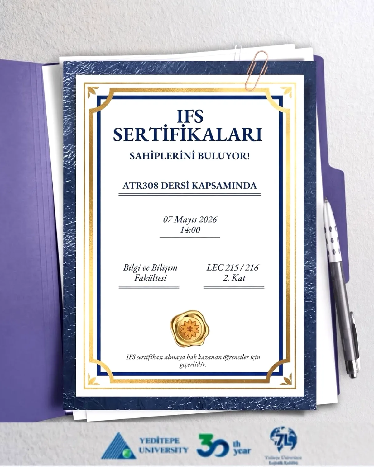Yeditepe'de ATR308 Öğrencileri IFS Sertifikası Aldı Yeditepe'de ATR308 Öğrencileri IFS Sertifikası Aldı