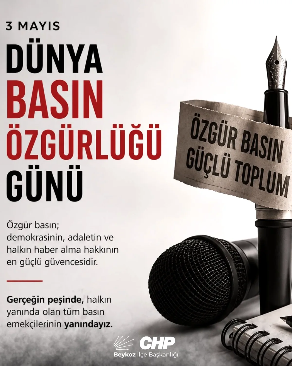 CHP Beykoz İlçe Başkanlığı'ndan Dünya Basın Özgürlüğü Günü Mesajı CHP Beykoz İlçe Başkanlığı'ndan Dünya Basın Özgürlüğü Günü Mesajı