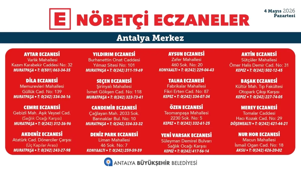 Antalya'da 4 Mayıs Nöbetçi Eczaneler: Acil İlaç İhtiyacı Olanlar Dikkat! Antalya'da 4 Mayıs Nöbetçi Eczaneler: Acil İlaç İhtiyacı Olanlar Dikkat!