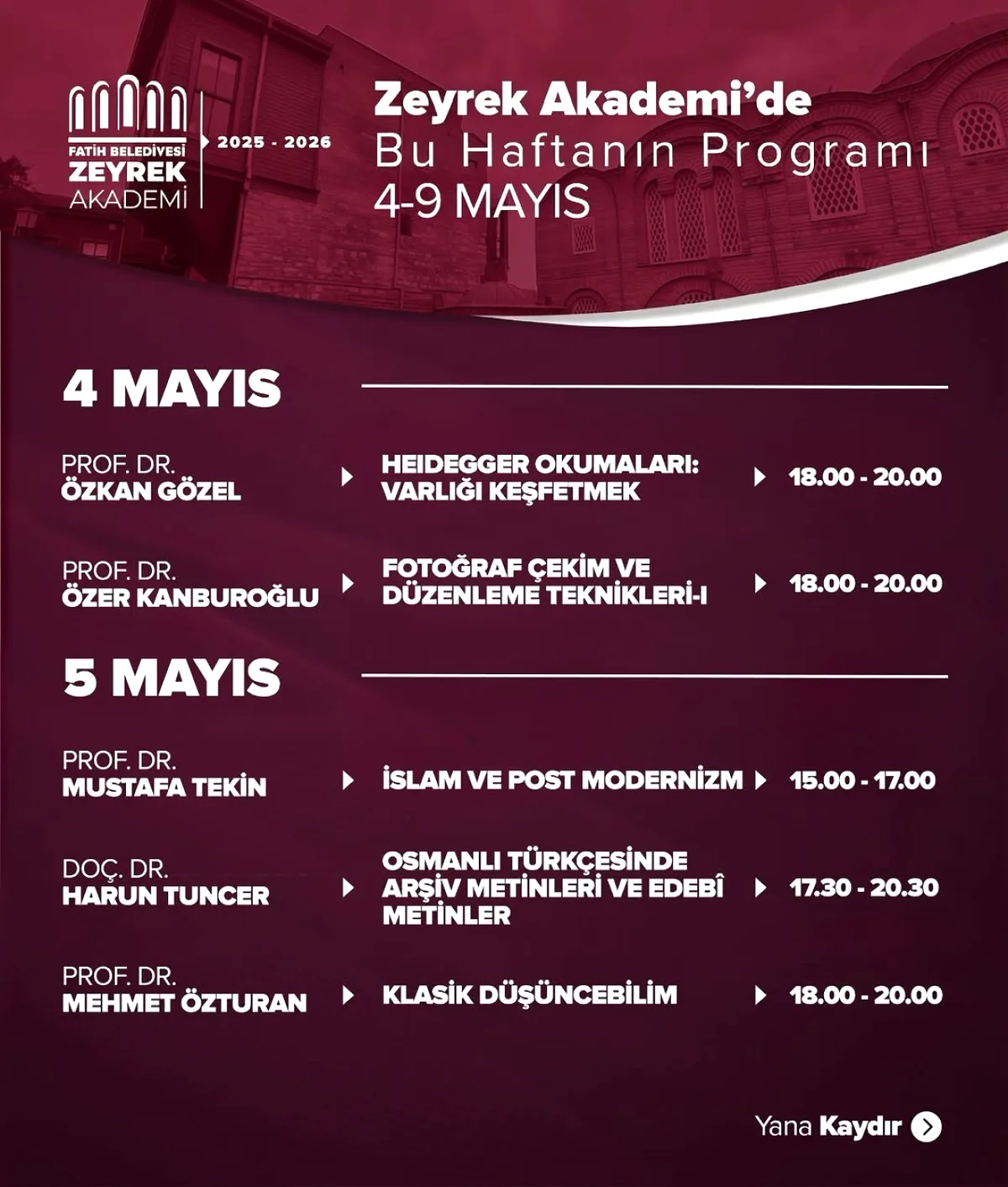 Fatih'te Bu Hafta: Zeyrek Akademi Ücretsiz Seminer Programı Açıklandı Fatih'te Bu Hafta: Zeyrek Akademi Ücretsiz Seminer Programı Açıklandı