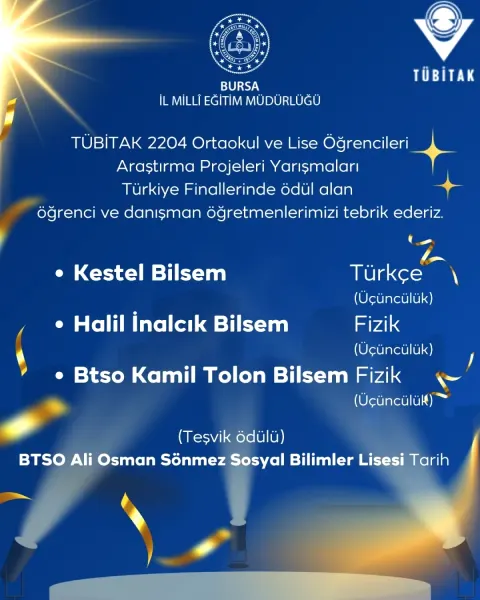 Bursa, TÜBİTAK 2204 Türkiye Finallerinde 4 Ödülle Gururlandı