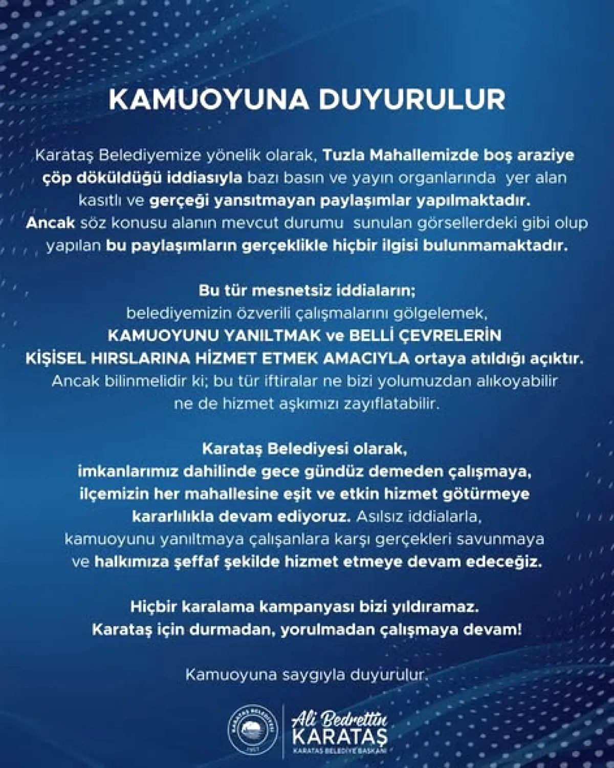 Karataş Belediyesi'nden Tuzla Mahallesi Çöp İddialarına Yalanlama Karataş Belediyesi'nden Tuzla Mahallesi Çöp İddialarına Yalanlama