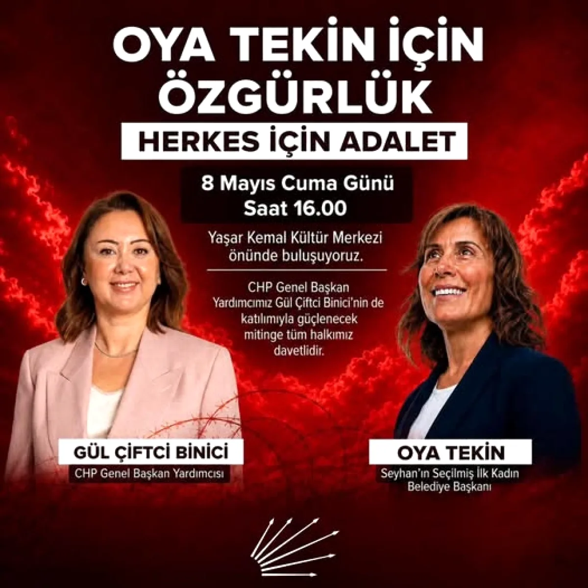 CHP Sarıçam'dan 'Oya Tekin İçin Özgürlük' Buluşması: Gül Çiftçi Binici Katılım Sağlayacak CHP Sarıçam'dan 'Oya Tekin İçin Özgürlük' Buluşması: Gül Çiftçi Binici Katılım Sağlayacak