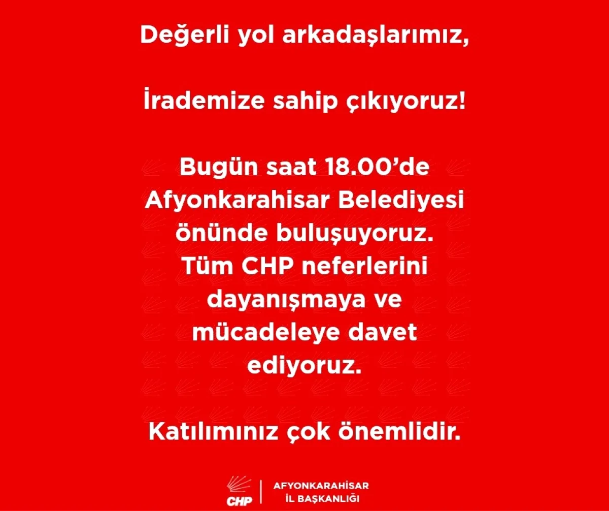 CHP Afyonkarahisar İl Başkanlığı'ndan Belediye Önünde Buluşma Çağrısı CHP Afyonkarahisar İl Başkanlığı'ndan Belediye Önünde Buluşma Çağrısı