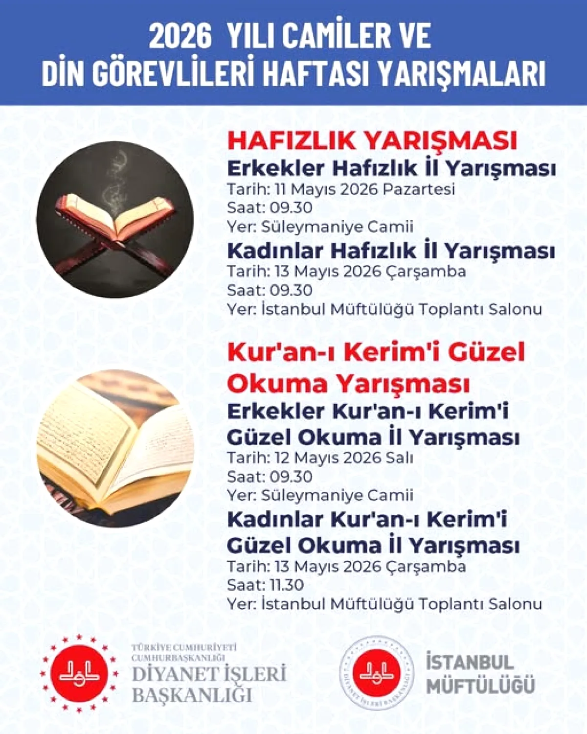 İstanbul'da Hafızlık ve Kuran Okuma Yarışmaları Başlıyor: Tarihler ve Mekanlar İstanbul'da Hafızlık ve Kuran Okuma Yarışmaları Başlıyor: Tarihler ve Mekanlar