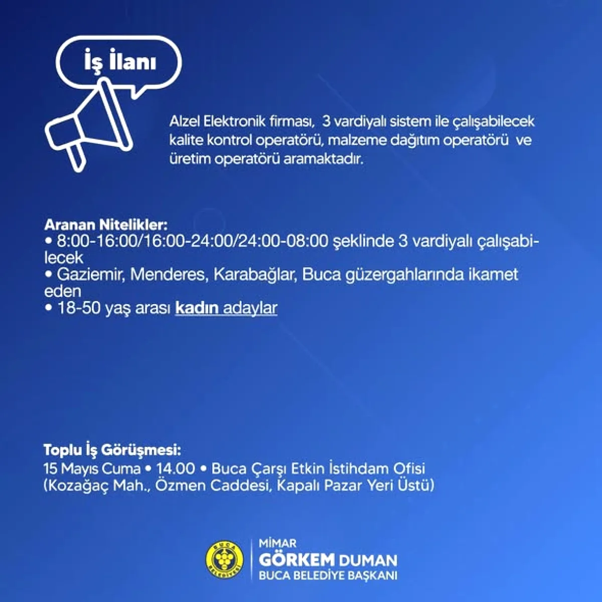 Buca'da İstihdam Fırsatı: Nas Plastik ve Alzel Elektronik İçin Toplu İş Görüşmesi Buca'da İstihdam Fırsatı: Nas Plastik ve Alzel Elektronik İçin Toplu İş Görüşmesi