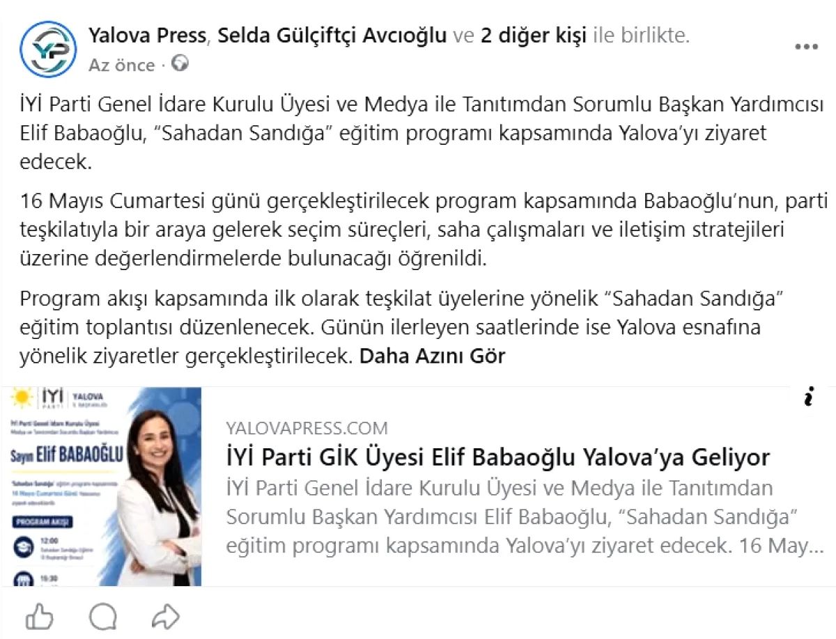 İYİ Parti'den Yalova'ya 'Sahadan Sandığa' Çıkarması: Elif Babaoğlu 16 Mayıs'ta İlde İYİ Parti'den Yalova'ya 'Sahadan Sandığa' Çıkarması: Elif Babaoğlu 16 Mayıs'ta İlde