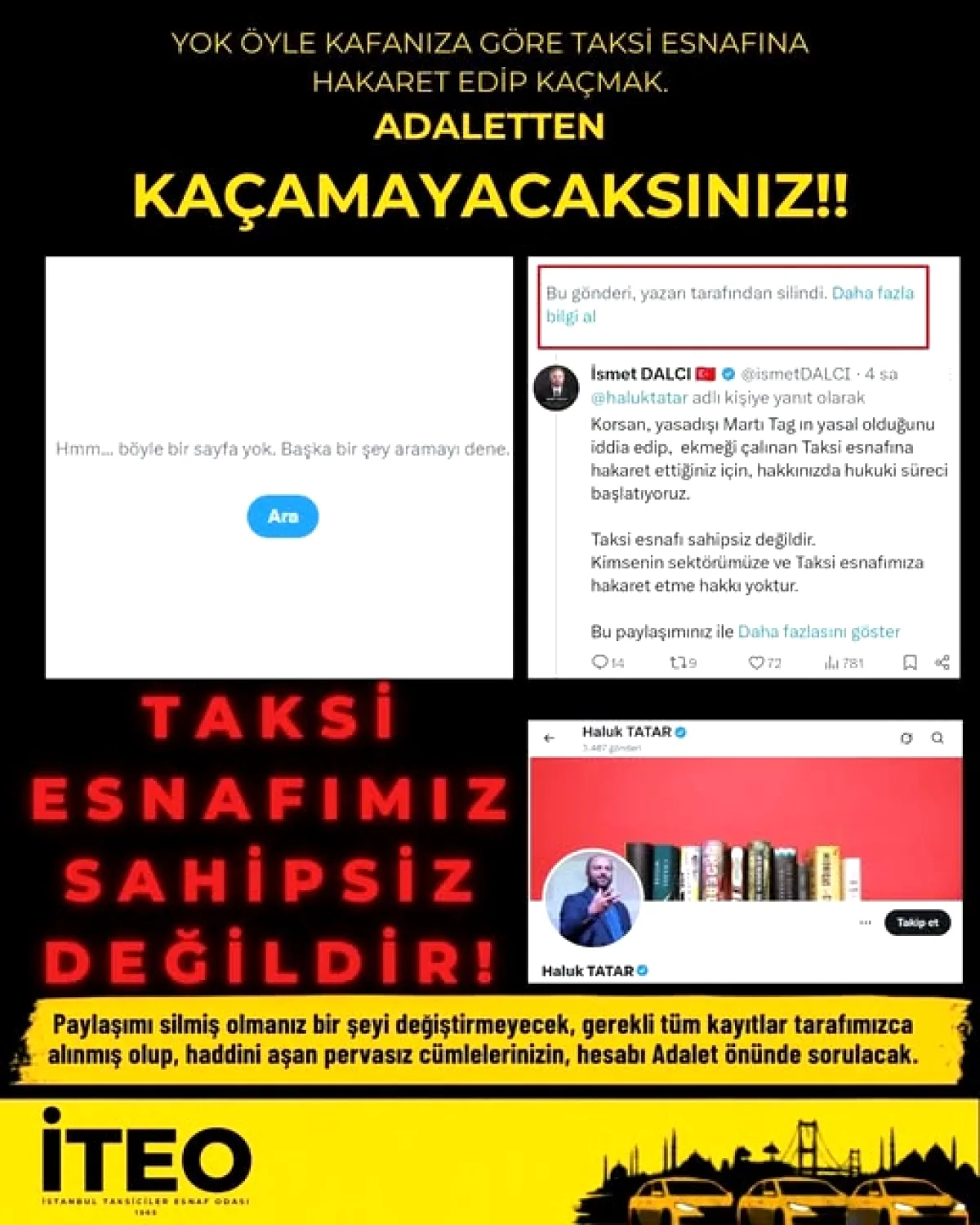 İTEO'dan Sosyal Medya Saldırılarına Tepki: "Taksi Esnafı Sahipsiz Değildir" İTEO'dan Sosyal Medya Saldırılarına Tepki: "Taksi Esnafı Sahipsiz Değildir"