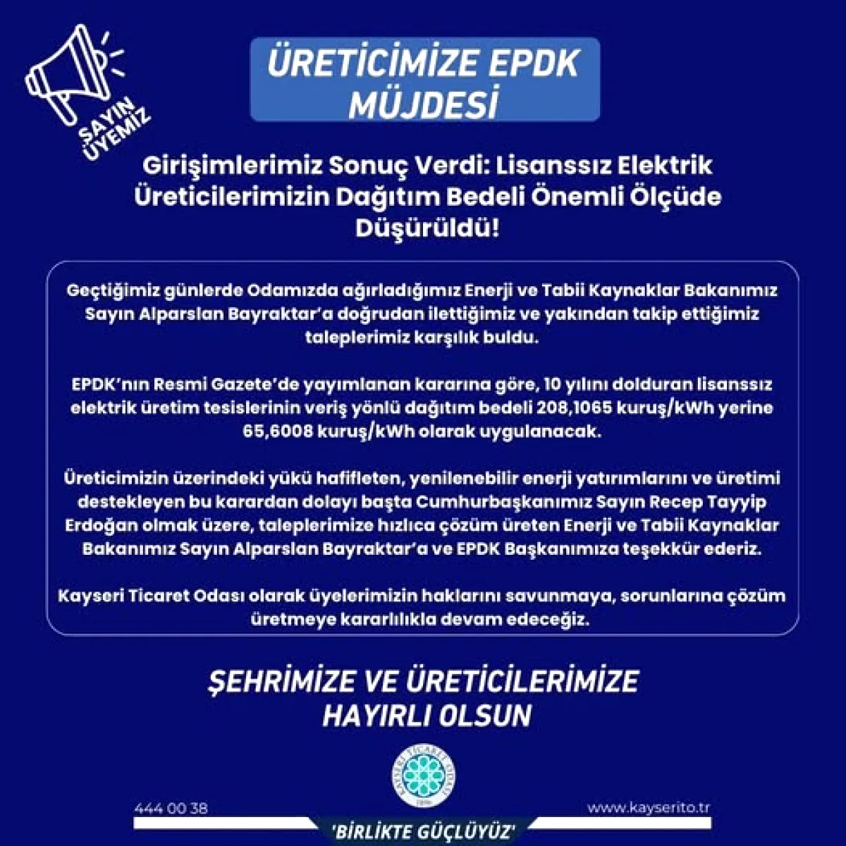 Kayseri'den Lisanssız Elektrik Üreticilerine Müjde: Dağıtım Bedeli Yüzde 68 Düştü Kayseri'den Lisanssız Elektrik Üreticilerine Müjde: Dağıtım Bedeli Yüzde 68 Düştü