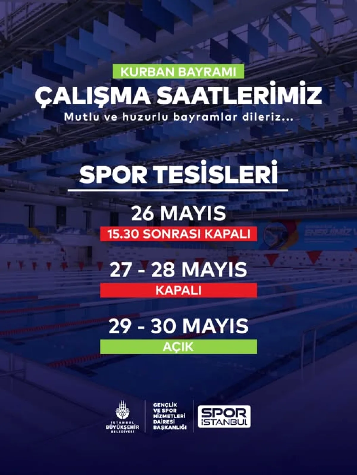 Spor İstanbul Kurban Bayramı çalışma saatlerini açıkladı Spor İstanbul Kurban Bayramı çalışma saatlerini açıkladı