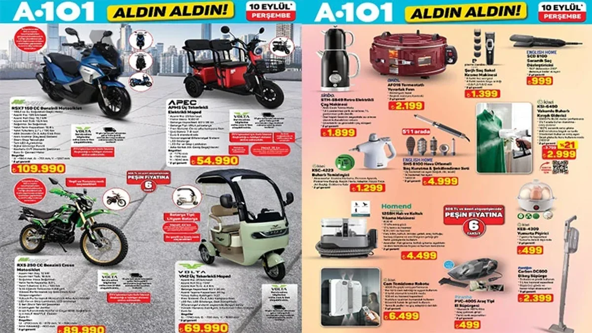 A101 10 Eylül Kataloğu Yayınlandı: 109 Bin TL'ye Motosiklet, 45 Bin TL'ye 70 İnç TV A101 10 Eylül Kataloğu Yayınlandı: 109 Bin TL'ye Motosiklet, 45 Bin TL'ye 70 İnç TV